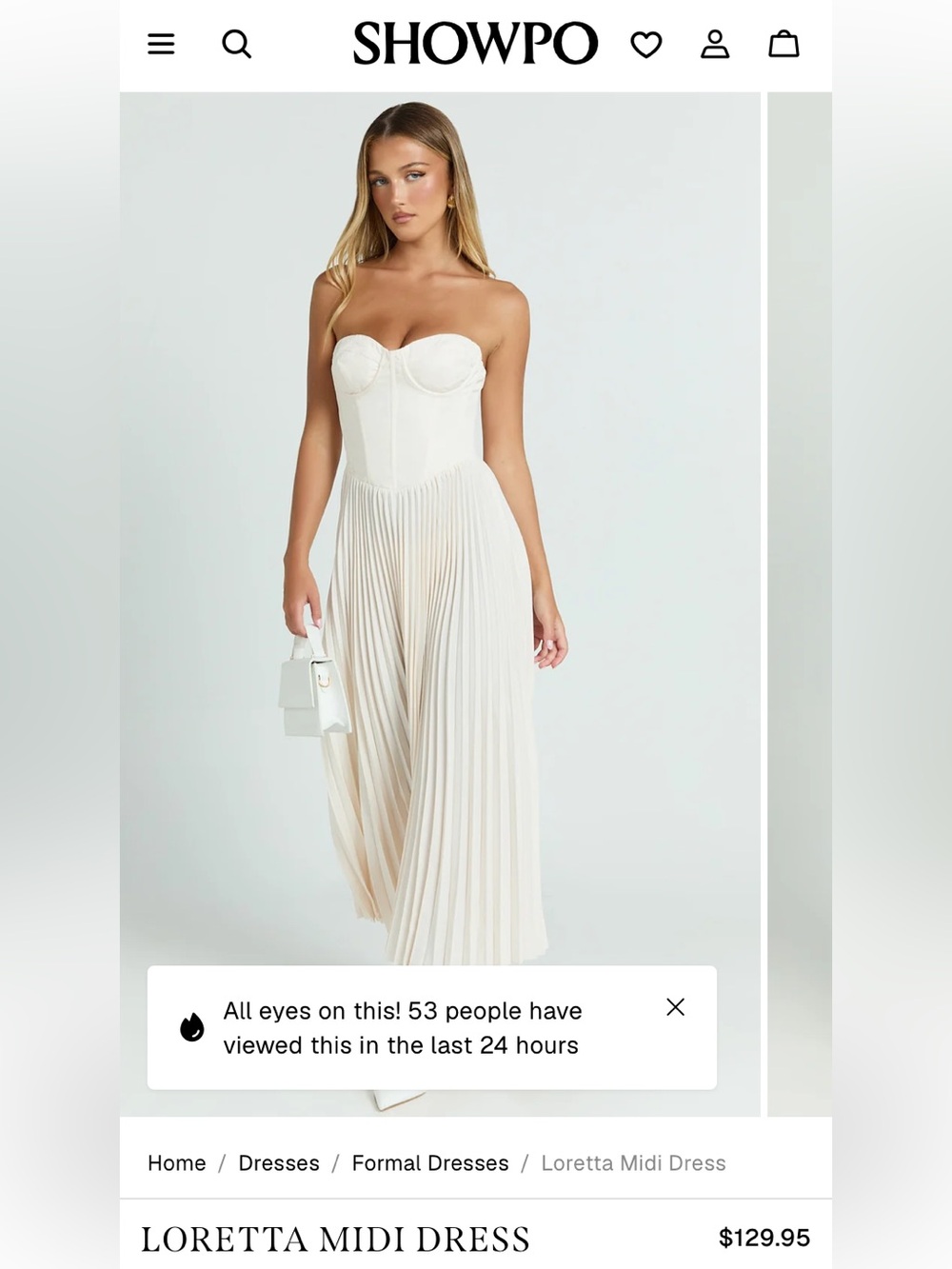 Showpo Loretta Strapless Pleated Midi Dress in Ivory